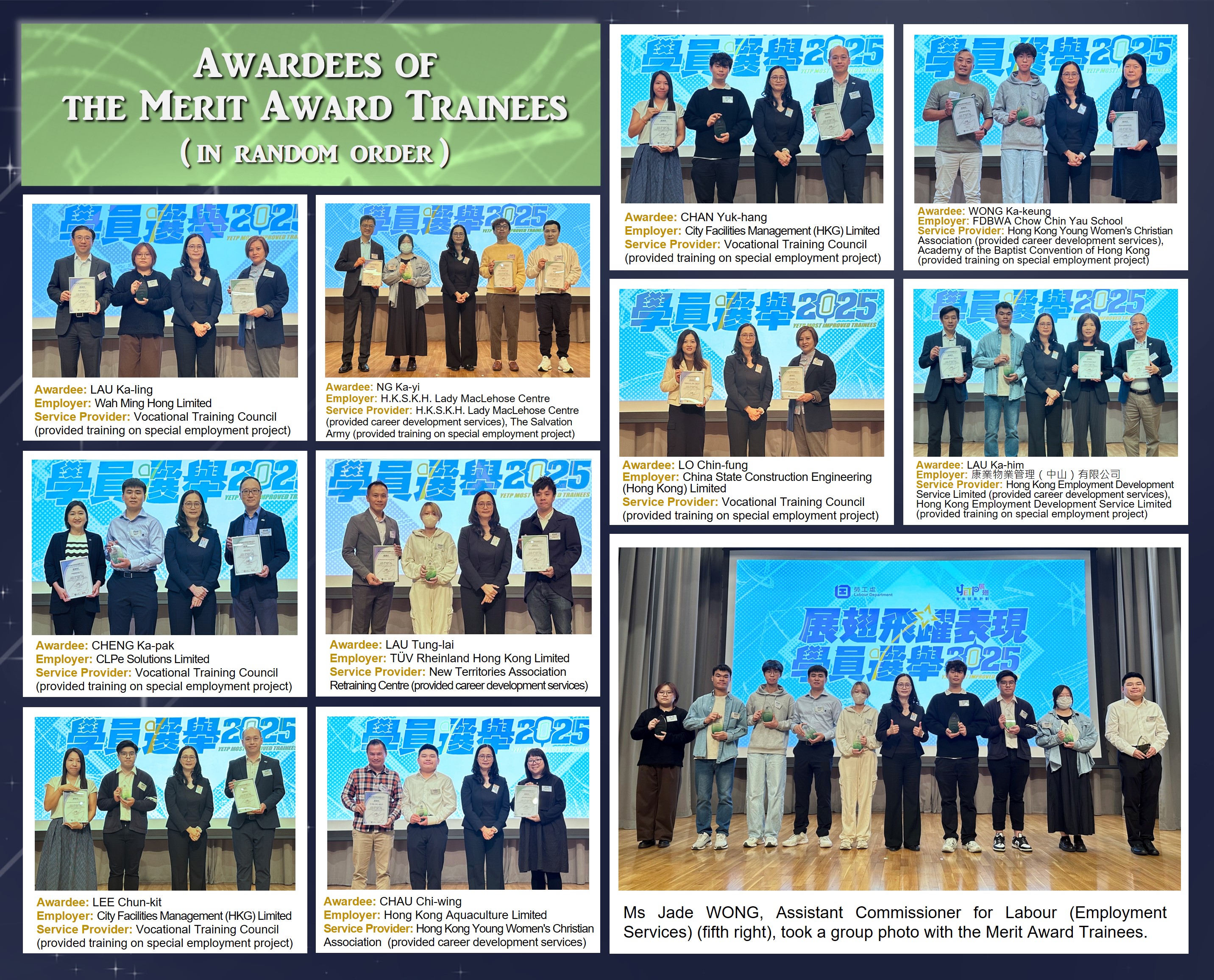 Award-winning groups of the "Merit Award Trainees" taking photos with Assistant Commissioner for Labour